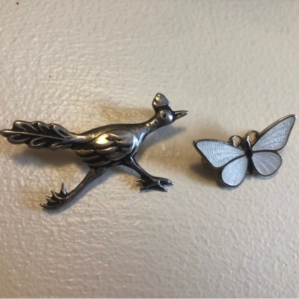 TWO pins— Sterling Silver Roadrunner & White Enamel Butterfly Pins